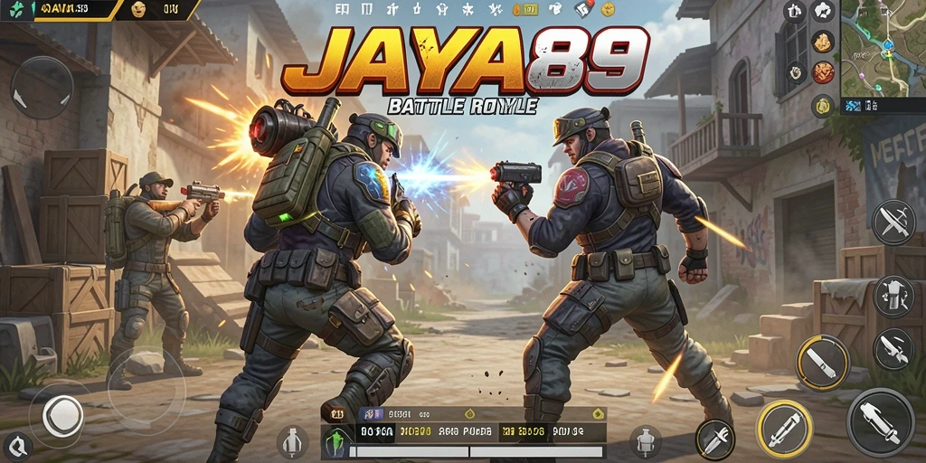 Tangkapan layar utama JAYA89 menampilkan aksi seru dalam pertempuran Battle Royale.