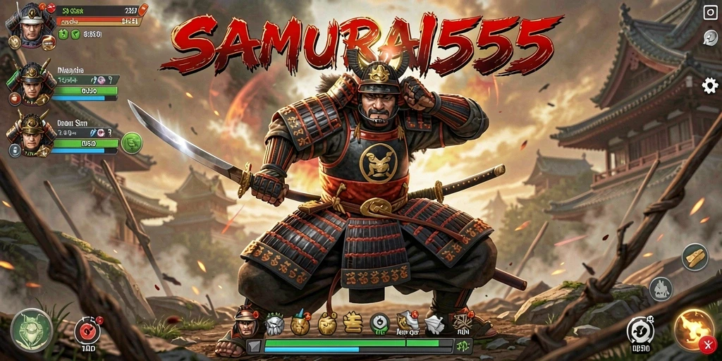 Tangkapan layar utama SAMURAI555 menampilkan aksi pertarungan samurai yang mendebarkan.