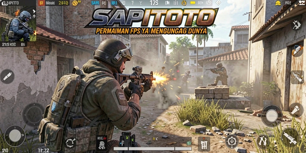 Screeshot utama SAPITOTO menampilkan aksi pertempuran FPS yang seru.