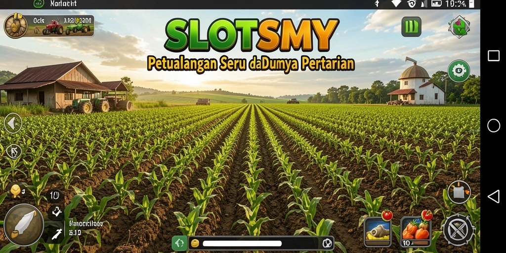 Tampilan gameplay SLOTSMY dengan ladang yang subur dan karakter lucu.
